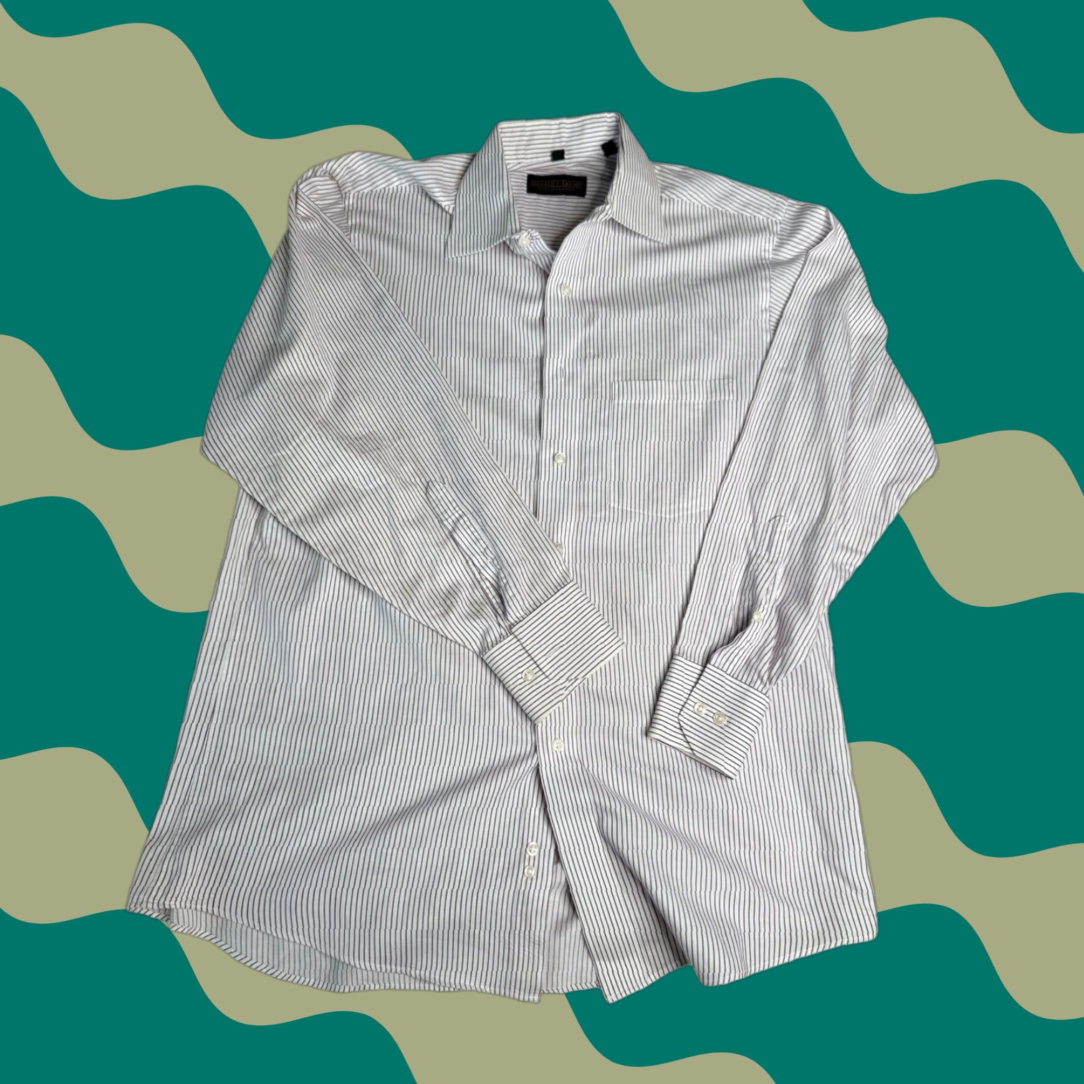 Vintage Donald J Trump Signature Collection Dress Shirt Striped 16.5 32/33 Long Sleeve White Men Regular Button Down Pocket Cotton Size 46R - 1 Thumbnail