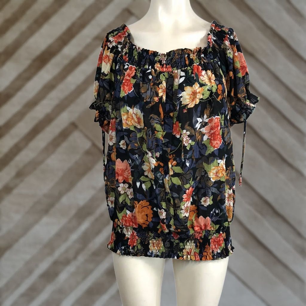 Rains Sweet Rain Black Floral Square Neck Smocked Off Shoulder Top Women's 2X Size XXL / US 16-18 / IT 52-54 - 1 Thumbnail