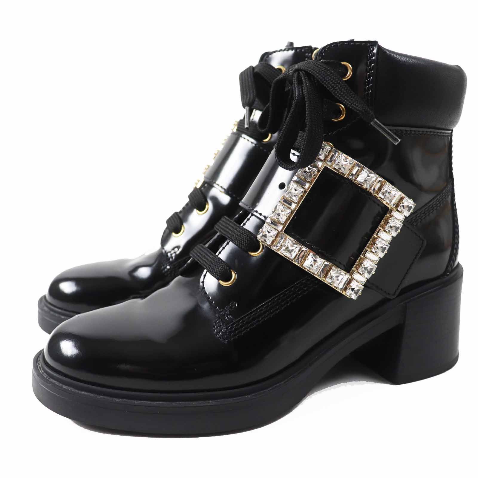 Roger Vivier Roger Vivier Viv Ranger Strass Buckle Patent Leather Boots Leather Shoes in Black, Women's