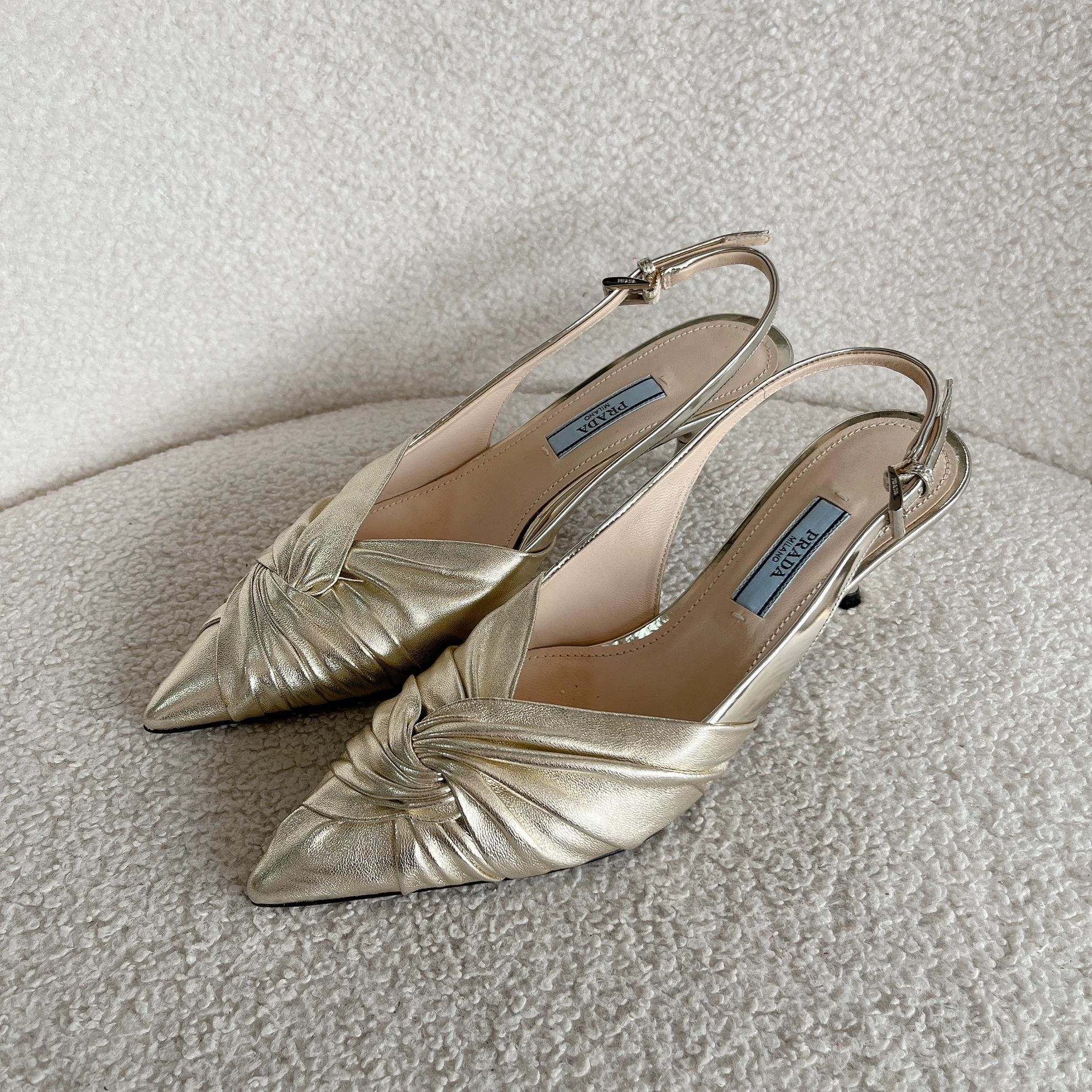 Prada Prada Gold Pointed Toe Heels 35.5 8381 Size US 5 / IT 35 - 1 Thumbnail