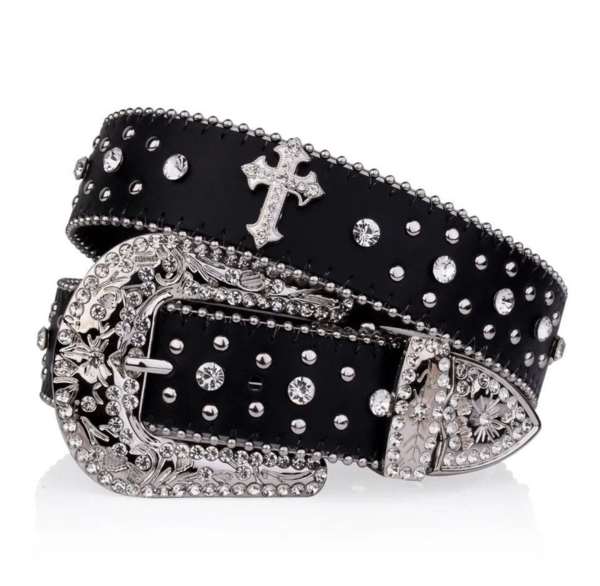 Japanese Brand × Leather Black Cross Rivet Belt Engraved Buckle Rhinestone Size ONE SIZE - 1 Thumbnail