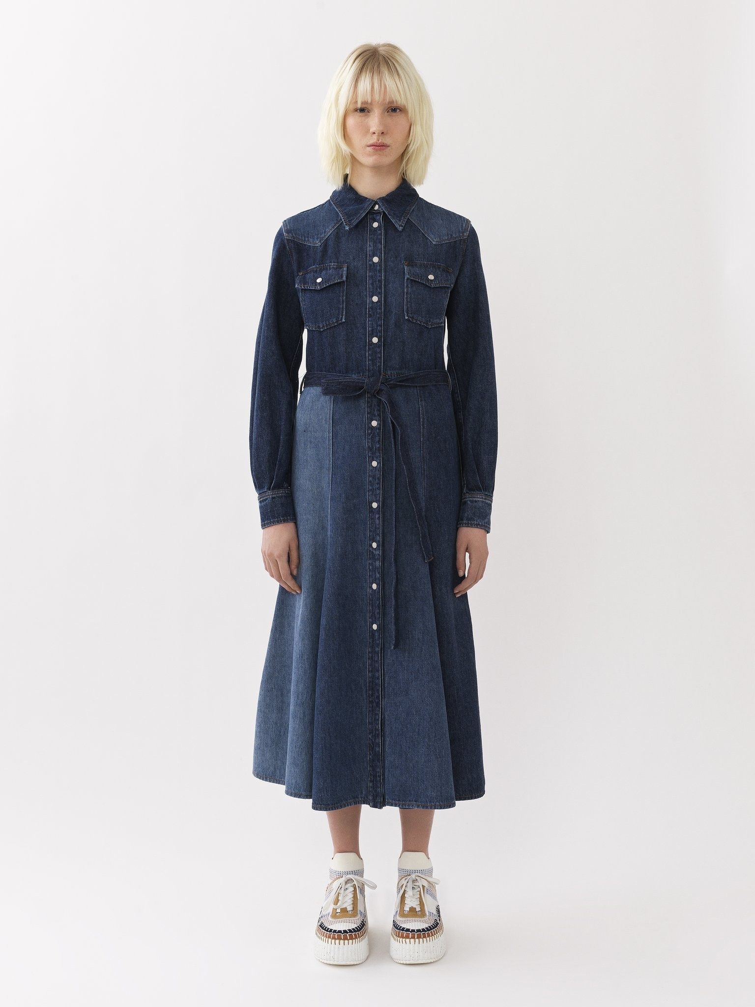 Chloe o1loc1c0625 Belted Midi Shirt Dress in Multicolor Blue Size L / US 10 / IT 46 - 2 Thumbnail