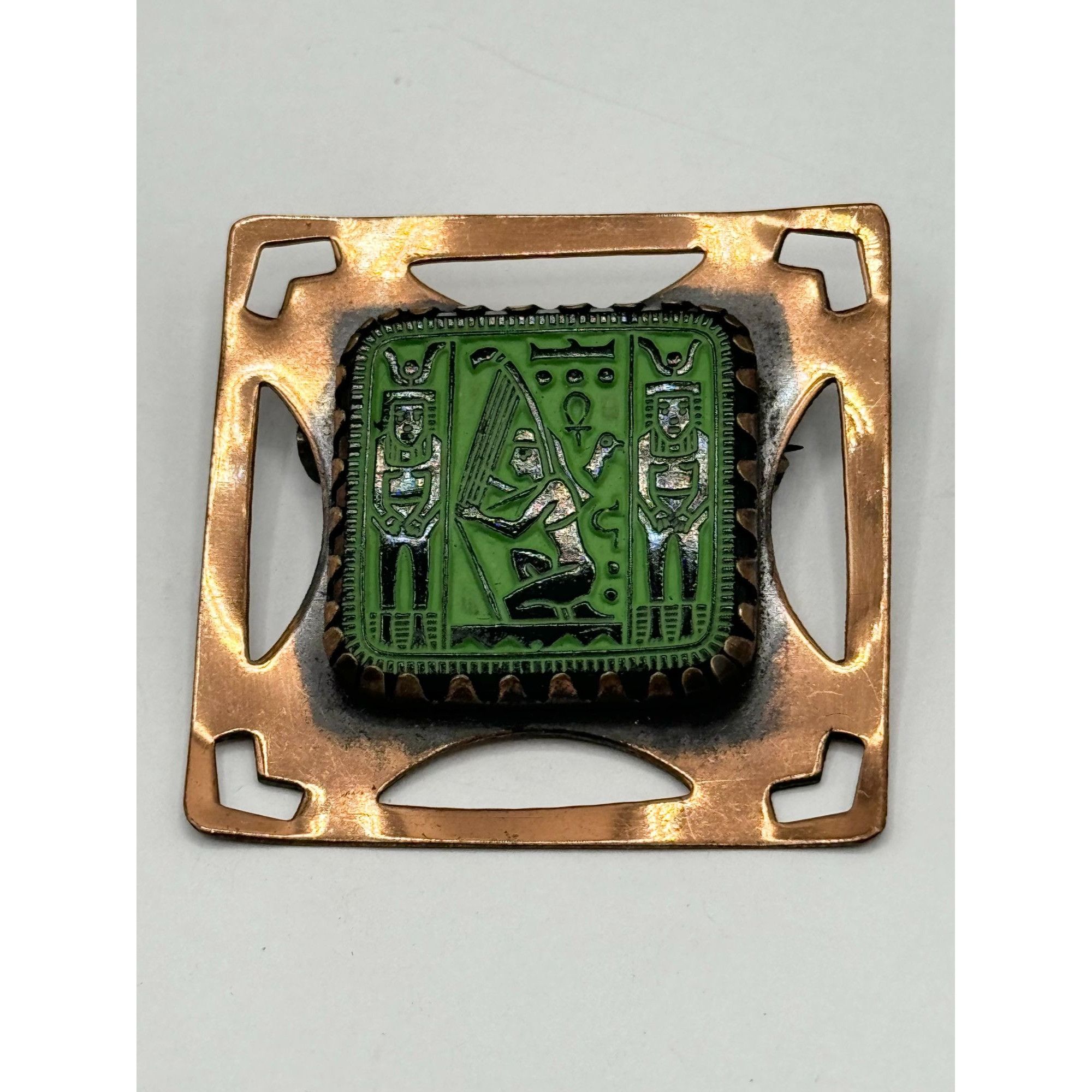 Vintage copper Egyptian revival glass brooch pin