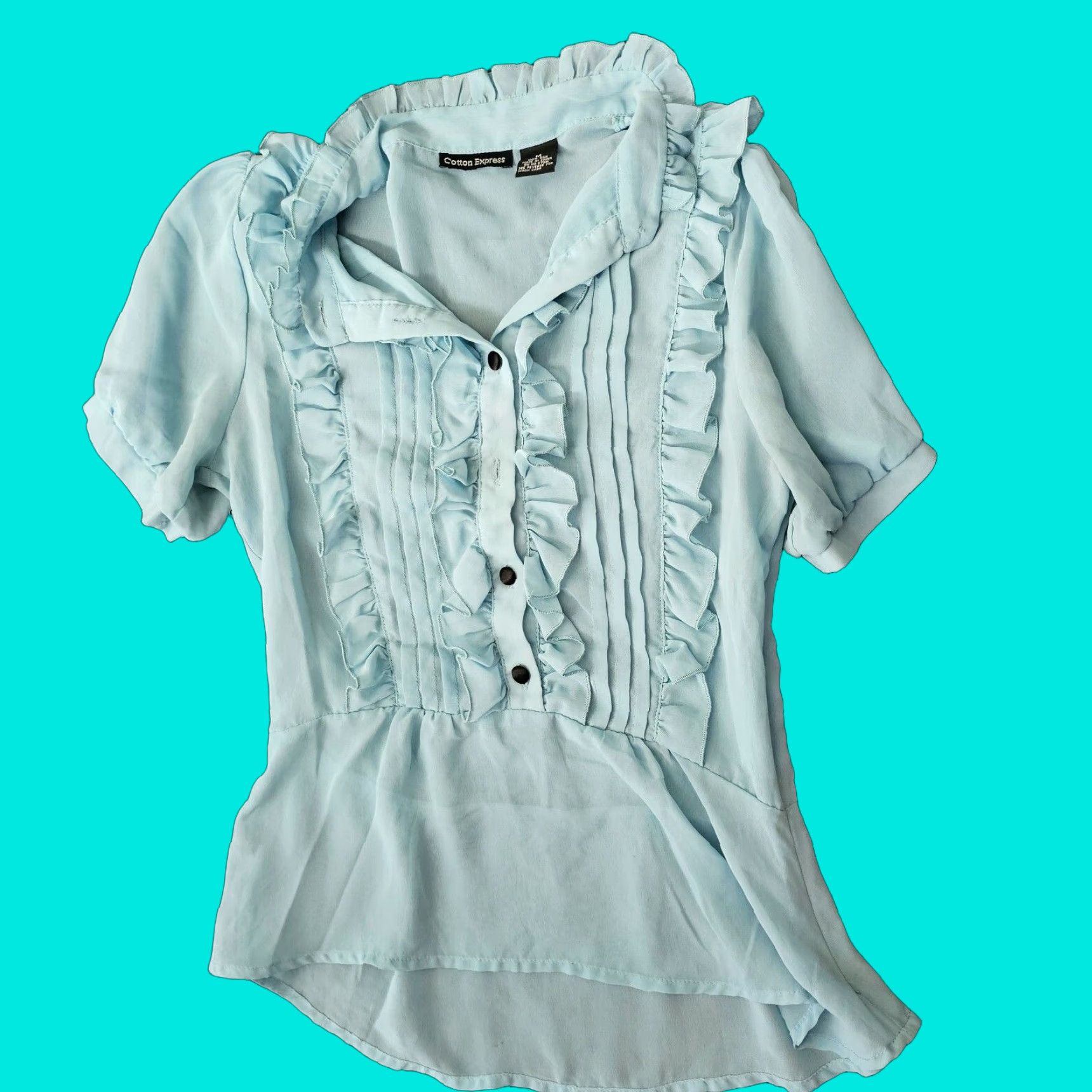 Express VINTAGE Cotton Express Blouse Button Shirt Blue Silk Ruffled Short Sleeve M 80s Womens Size M / US 6-8 / IT 42-44 - 1 Thumbnail