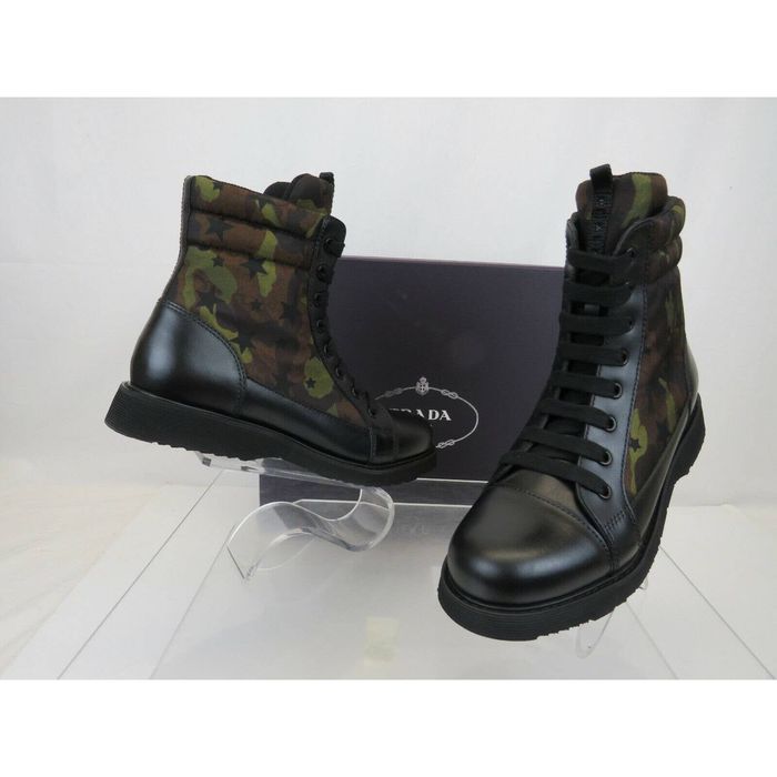 Prada 0T0782 CAMOUFLAGE GREEN LEATHER CAP LACE UP COMBAT BOOTS 36