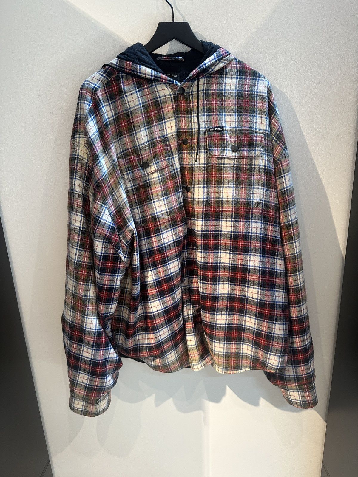 Image of Balenciaga Padded Hooded Flannel in Grey, Men's (Size XL)