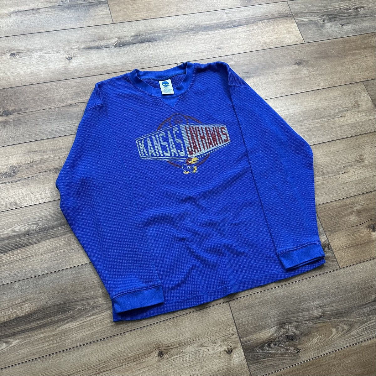NCAA Vintage 2000s Kansas Jayhawks Waffle Knit Thermal Size US XL / EU 56 / 4 - 2 Thumbnail