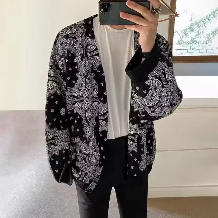 image of Vintage Bandana Black Cardigan Knit Sweater, Men's (Size Large)
