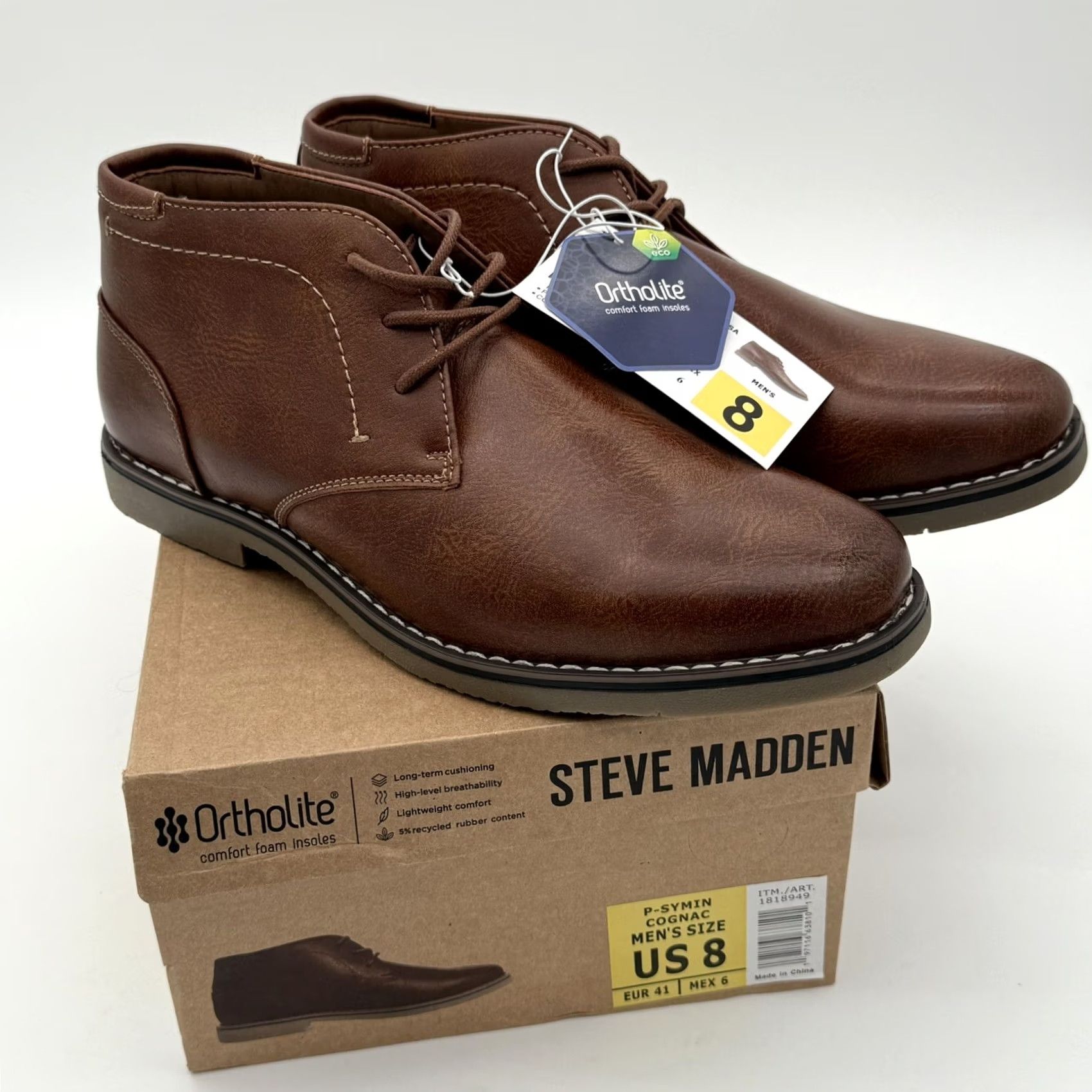 Steve Madden Steve Madden Men P-Symin Chukka Boots Cognac Leather Medium (D) 8 Lace Up Ortholite Comfort Insoles Shoes Boots Mens Classic Outdoor - Size US 8 / EU 41 - 2 Thumbnail