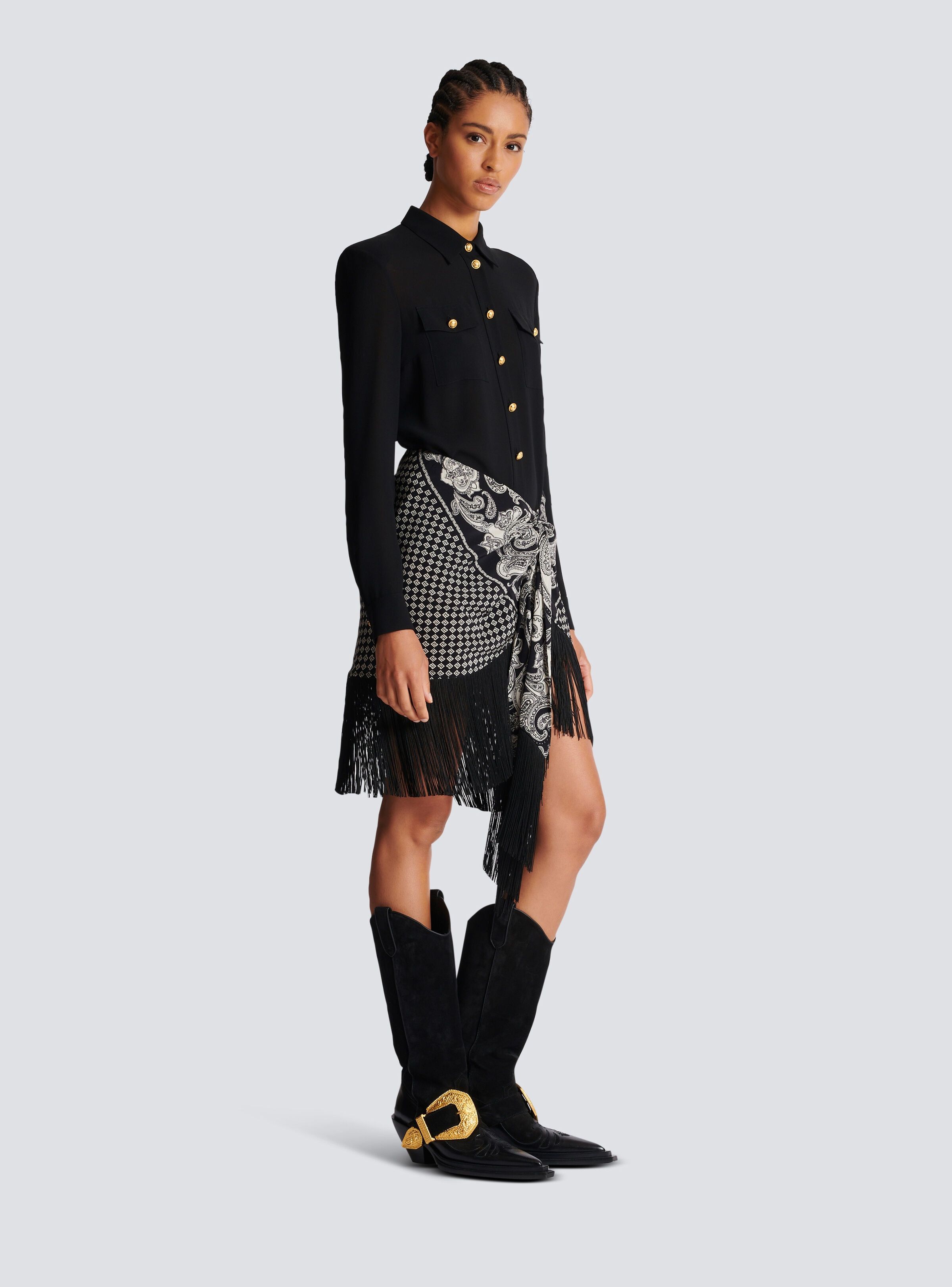 Balmain o1s1wg110825 Fringe Silk Scarf Skirt in Black Size 30" / US 8 / IT 44 - 2 Thumbnail