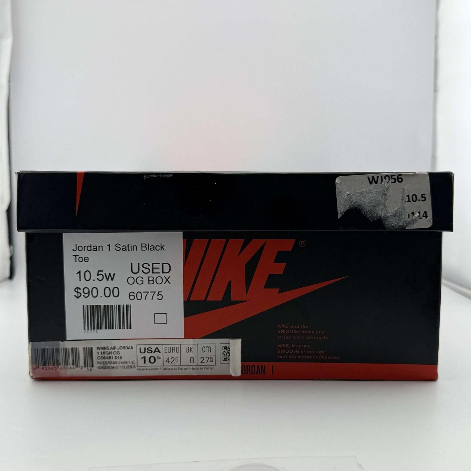 Nike Jordan 1 Satin Black Toe 10.5W Used OG Box Size US 9 / IT 39 - 8 Thumbnail