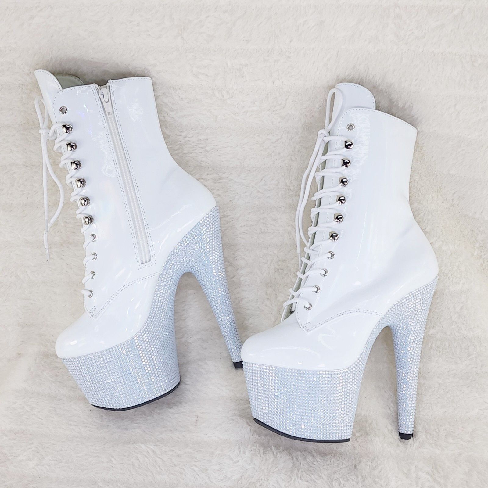 Other Bejeweled White Rhinestone Platform Lace Up Ankle Boots 7" H Size US 10 / IT 40 - 2 Thumbnail