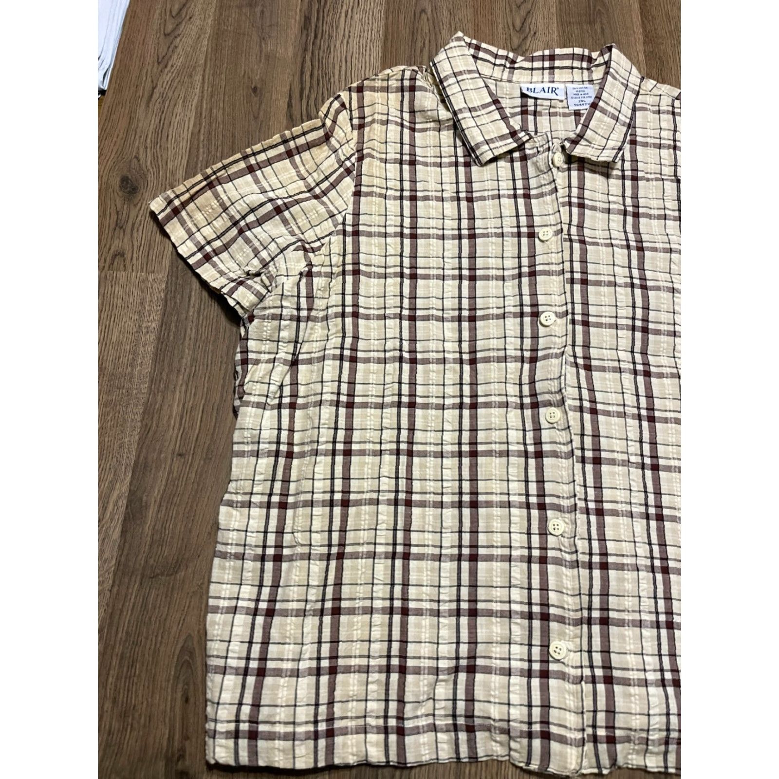 Blair Blair Shirt Women's 2XL Plaid Brown Yellow Button Up Short Sleeve Size XXL / US 16-18 / IT 52-54 - 3 Thumbnail