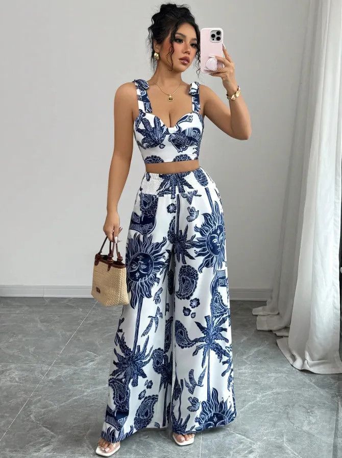 Other Sexy V-neck Strap Vest Loose Crop Top With Wide Leg Pants Size L / US 10 / IT 46 - 6 Thumbnail