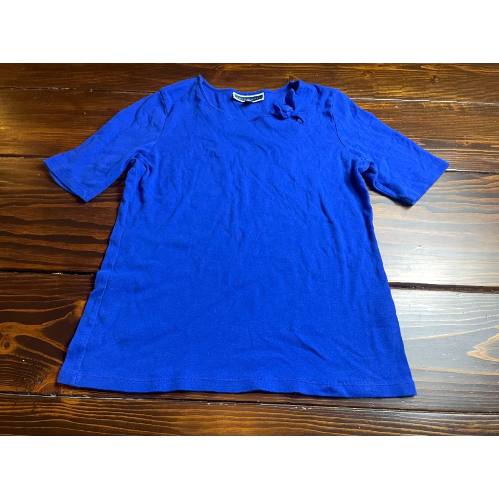 Vintage Karen Scott Shirt Women's Large Blue Short Sleeve Bow Tie Neckline T-Shirt Casual Reguler Modern Spring Summer Fall Womens Size L / US 10 / IT 46 - 2 Thumbnail