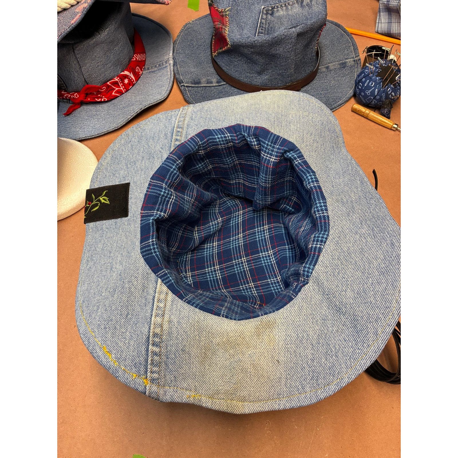 Other Upcycled Denim Western Hat — Embroidered Rose Band, Blue Size ONE SIZE - 8 Thumbnail