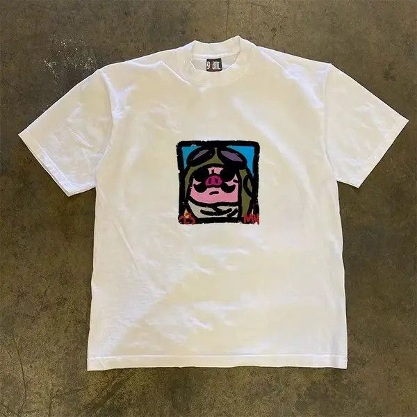 Japanese Brand VIBE White retro cartoon pig print t-shirt Size US L / EU 52-54 / 3 - 3 Thumbnail
