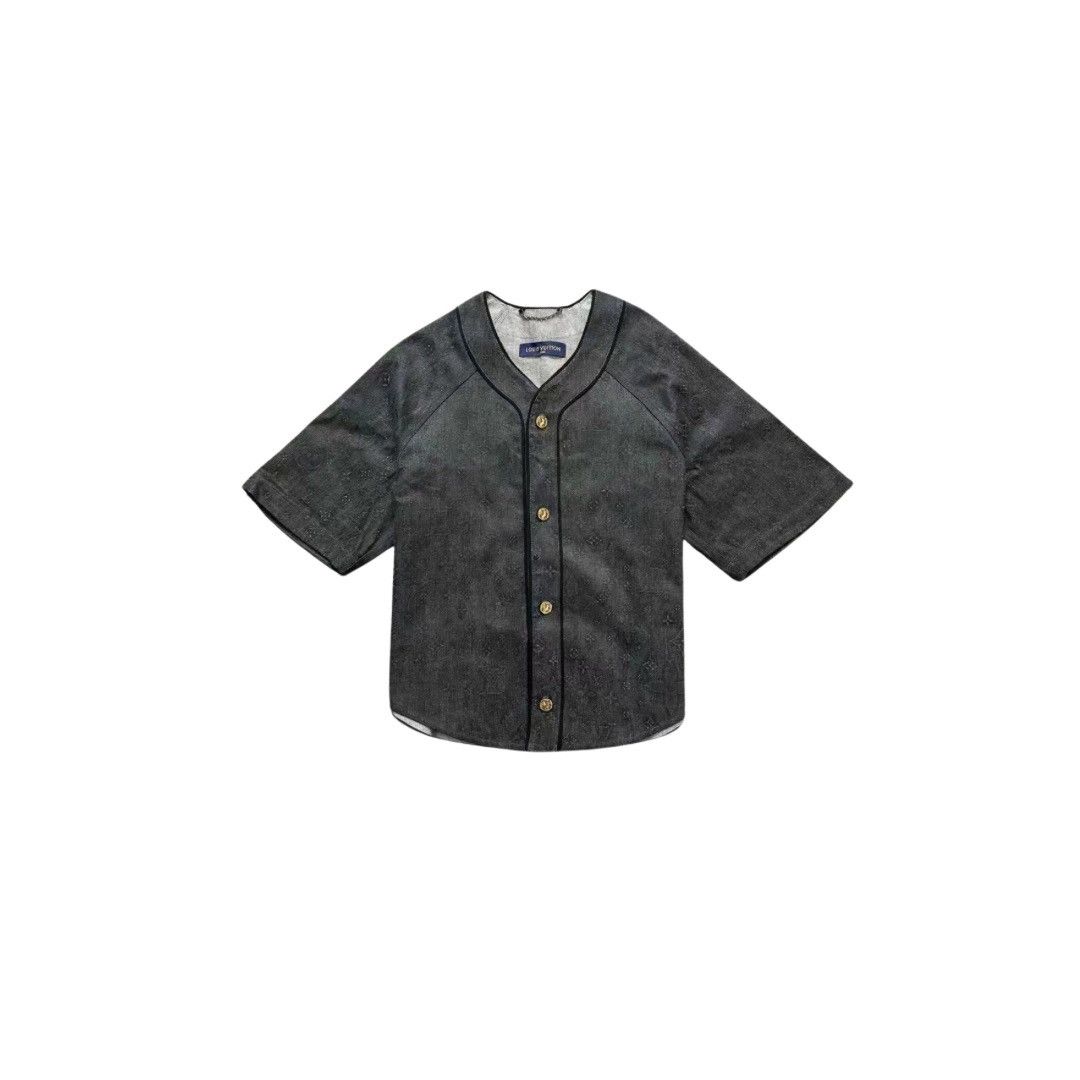 image of Louis Vuitton Embossed Monogram Short-Sleeved Shirt in Grey, Men's (Size Small)