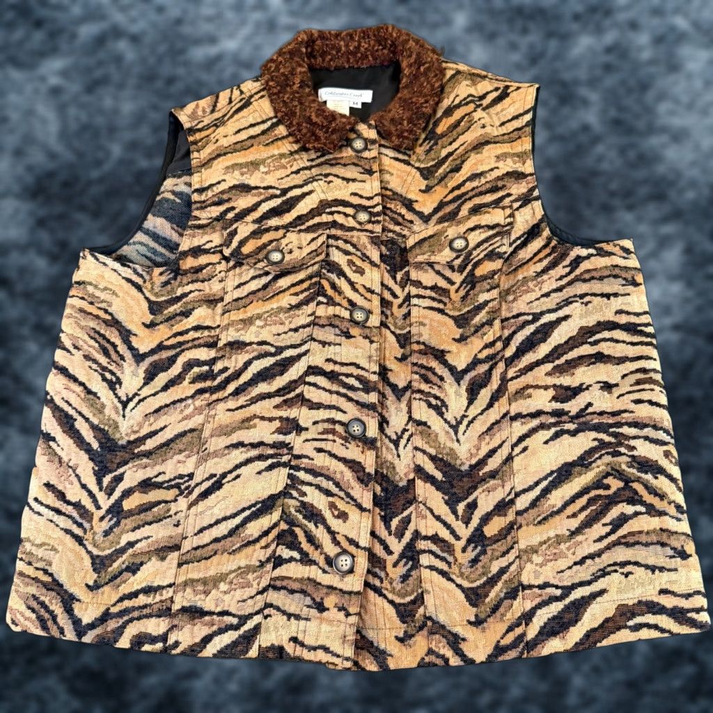 Coldwater Creek Coldwater Creek Tiger Print Tapestry Vest Fuzzy Collar Sleeveless Medium Womens Size M / US 6-8 / IT 42-44 - 1 Thumbnail