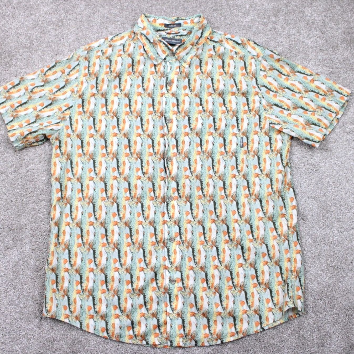 Eddie Bauer Eddie Bauer AOP Shirt Mens Large Fish All Over Print Classic Fit Cotton S/S Button-Up Chest 24in Beige Plaid Pattern Mens Long Sleeve? Size US L / EU 52-54 / 3 - 2 Thumbnail