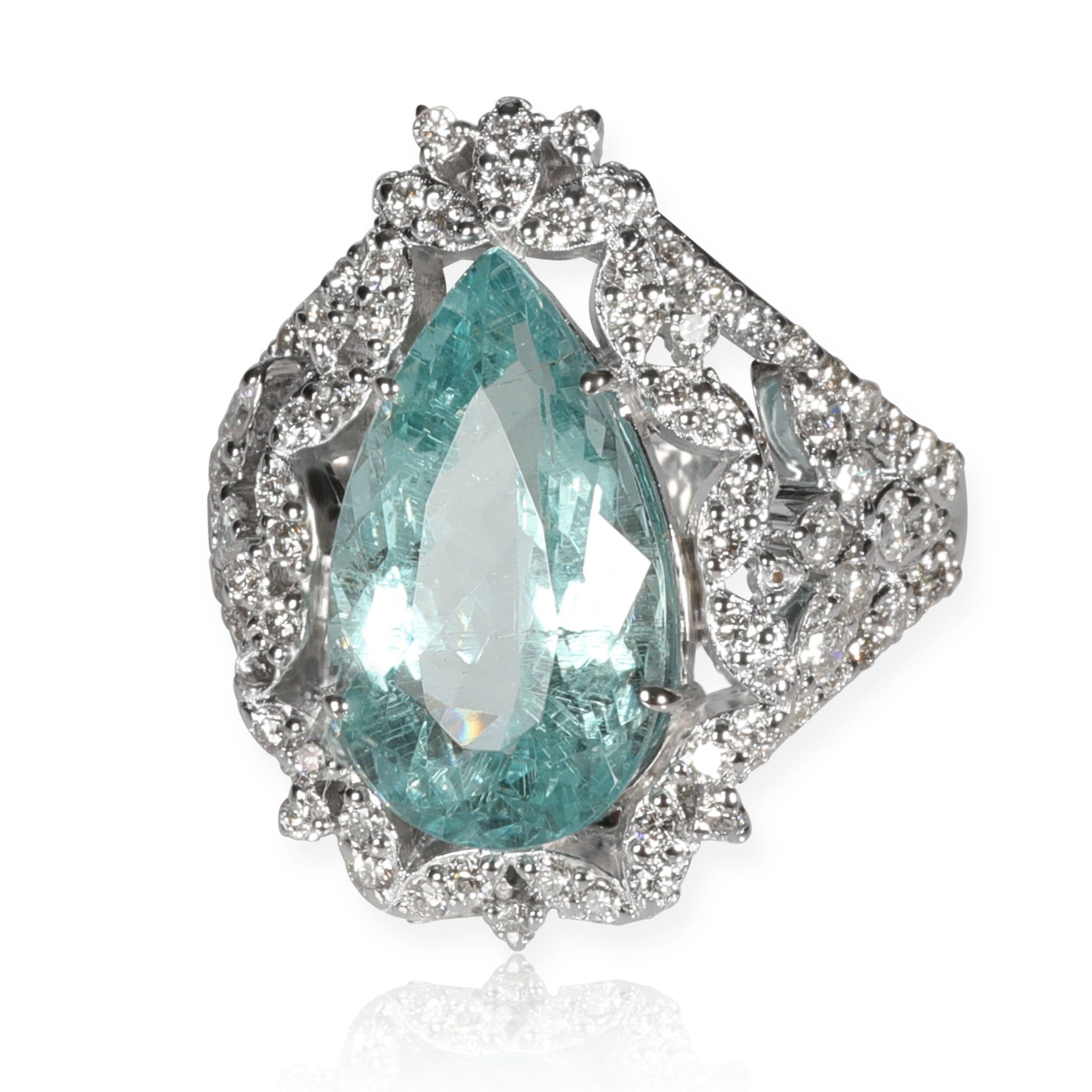 image of Tiffany Co Pear Shaped Aquamarine & Diamonds Gemstone Ringin 18Kt White Gold 5.57 Ctw, Women's