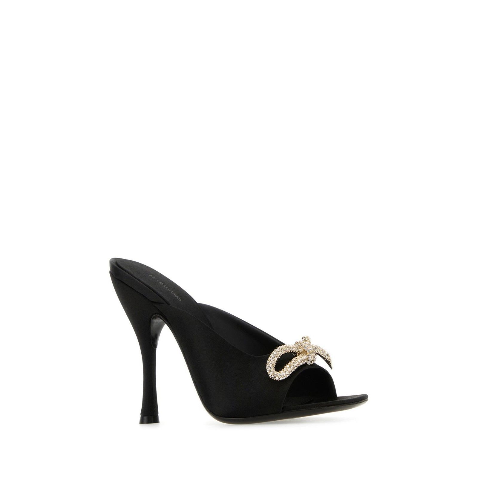 FERRAGAMO Crystal Jewel Bow Black Satin 105mm Heel Mules New