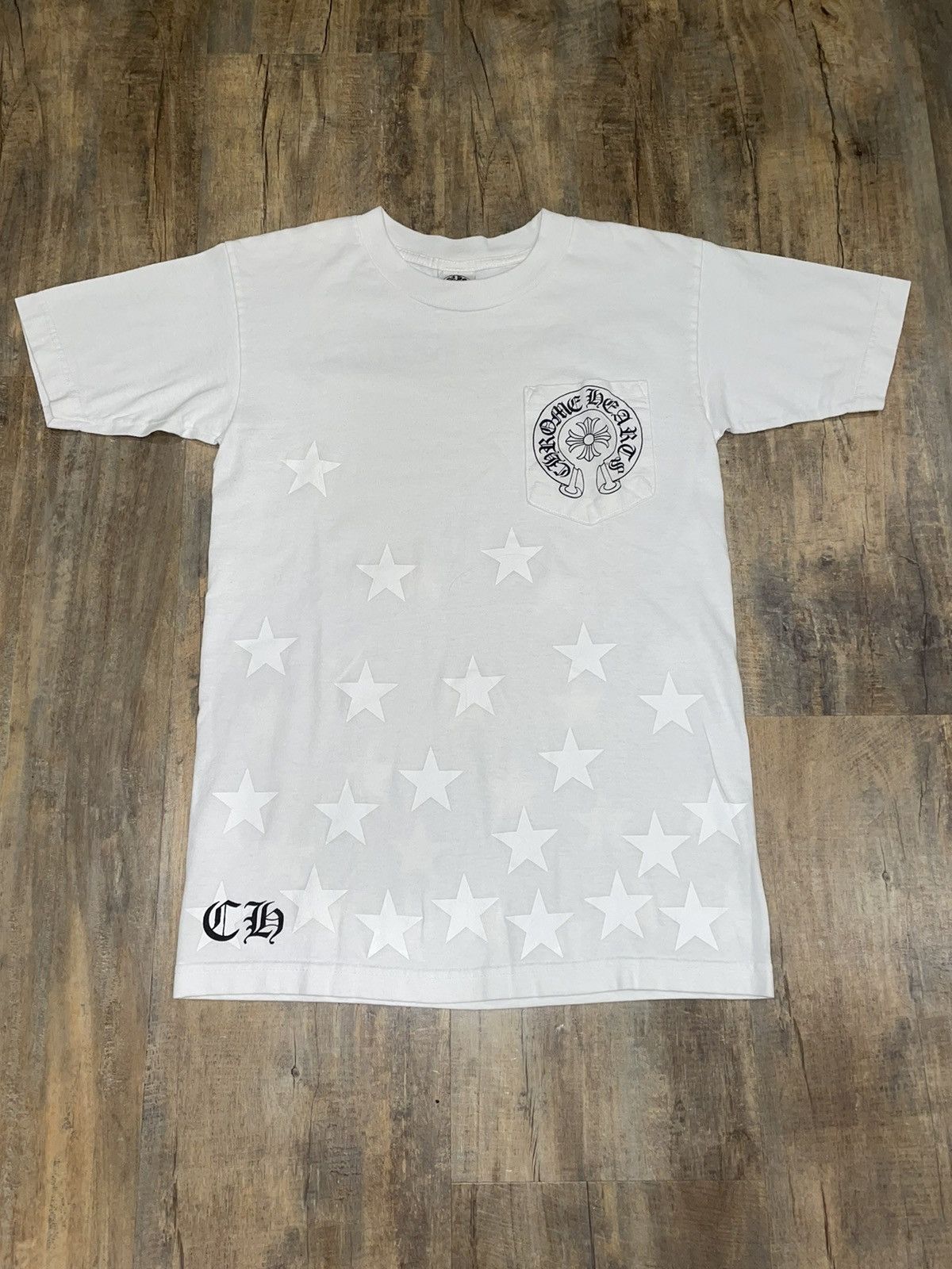 image of Chrome Hearts Horseshoe Scroll Stars Logo Pocket Tee in White, Men's (Size Small)