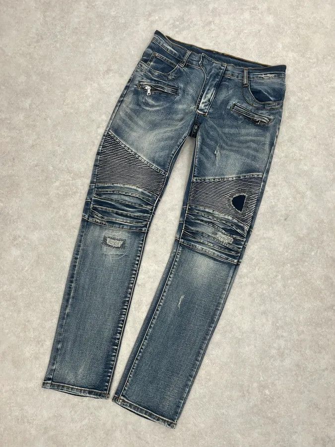 Balmain 2010s Balmain Biker Blue Denim Jeans Size US 31 - 6 Thumbnail
