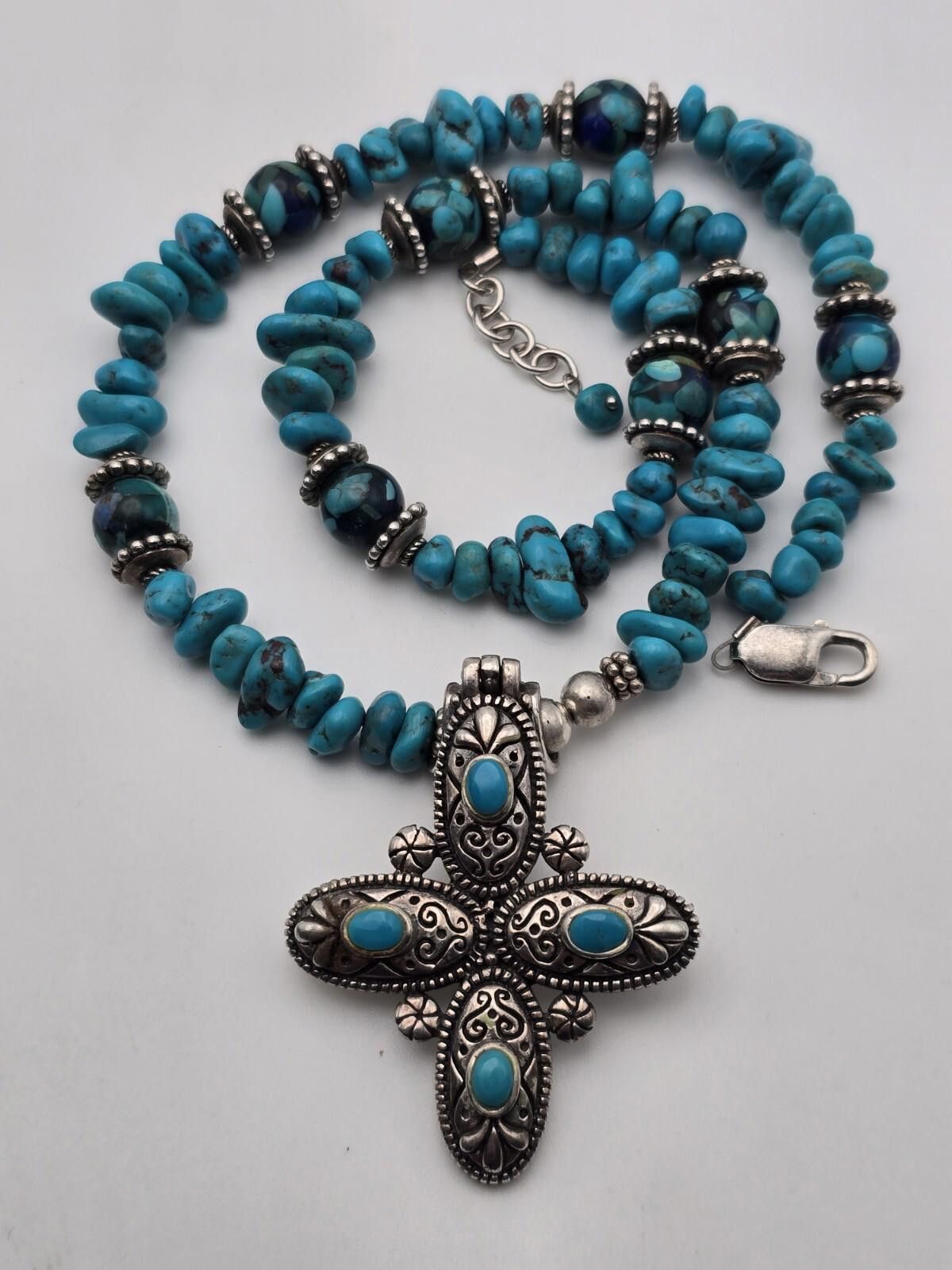 Sterling Silver Turquoise Beaded Necklace w/ Cross