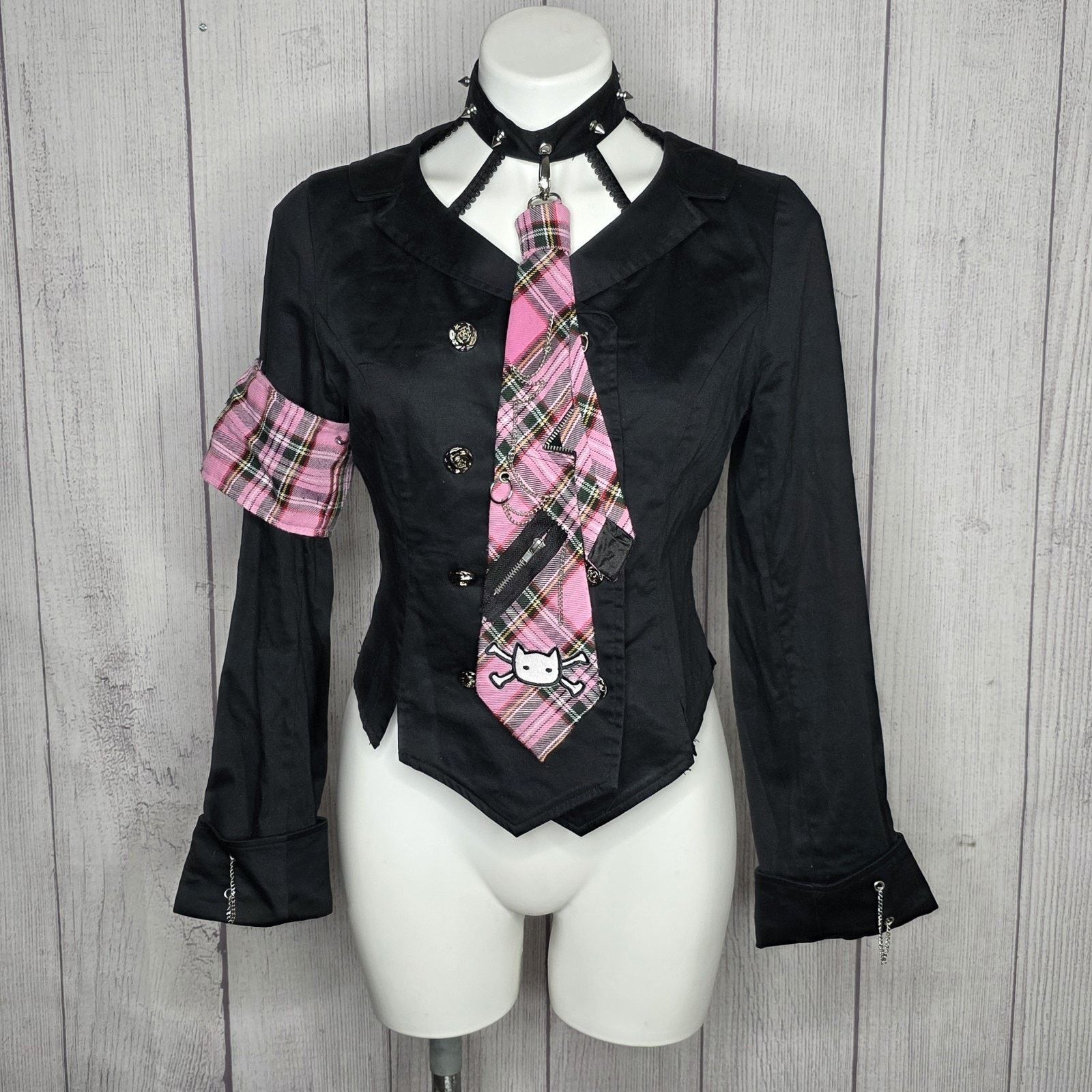 Vintage BODY LINE Y2K Lolita Goth Schoolgirl Plaid Skirt Tie Jacket Size 26" / US 2 / IT 38 - 4 Thumbnail