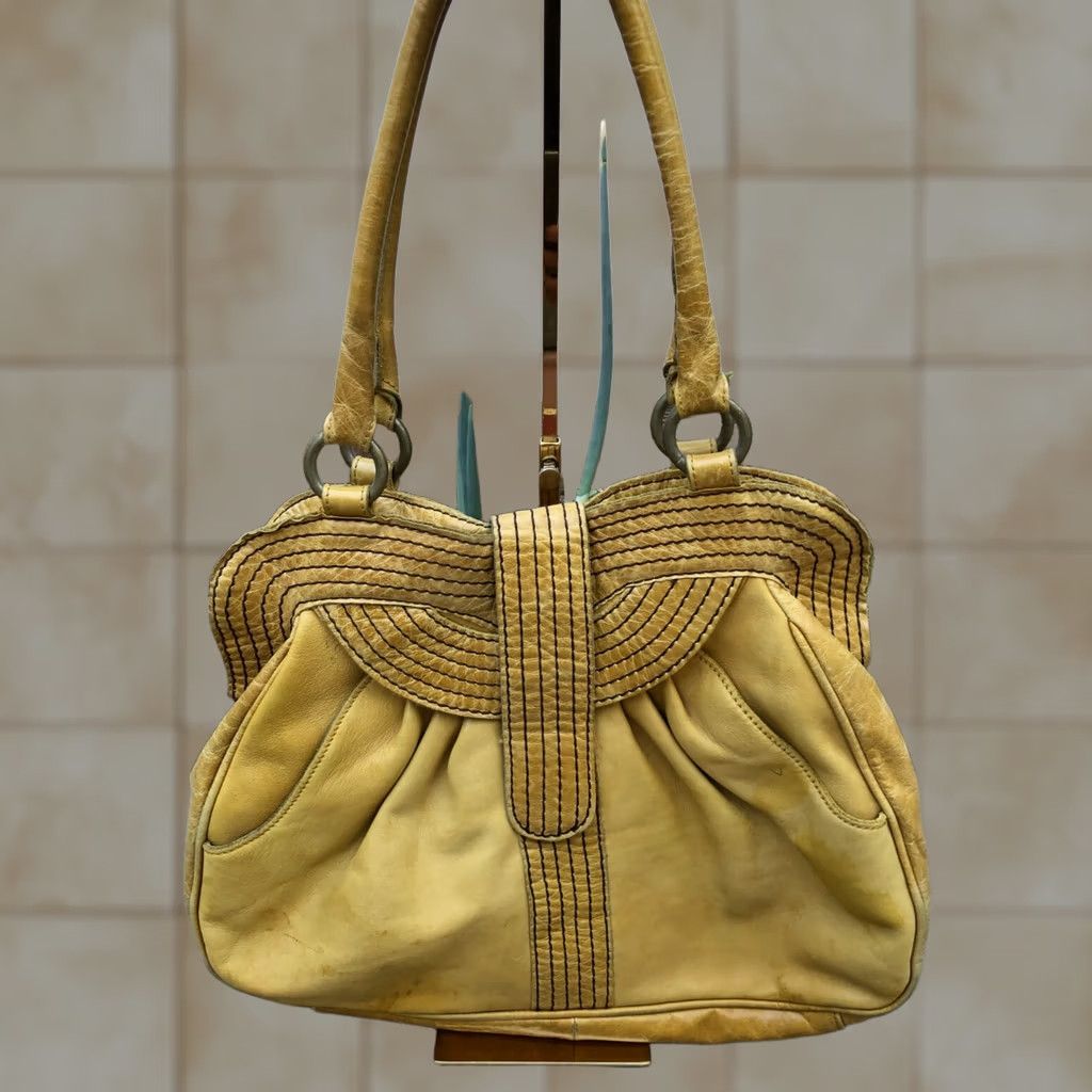 Anthropologie LUCKY PENNY ANTHROPOLOGIE Hobo Slouch Purse Women's Hand Bag Shoulder Yellow Bag Medium Yellow Satchel/Top Handle Bag Leather 15 W x 11 H x 5 D Womens Size ONE SIZE - 1 Thumbnail