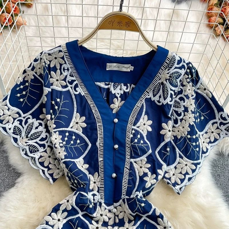 Other Vintage-Inspired Embroidered Navy Dress – Yi Ren Fang Size L / US 10 / IT 46 - 2 Thumbnail