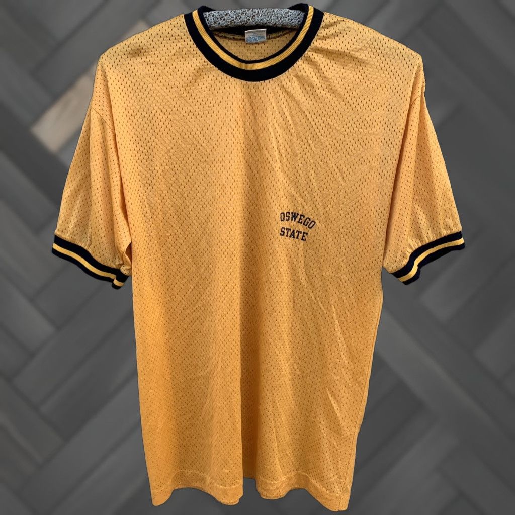 Champion VINTAGE Champion Oswego State Nylon Ringer Tee Graphic T Shirt Jersey Blue Bar L Shirt Men Yellow 1970s Women? Size US L / EU 52-54 / 3 - 1 Thumbnail