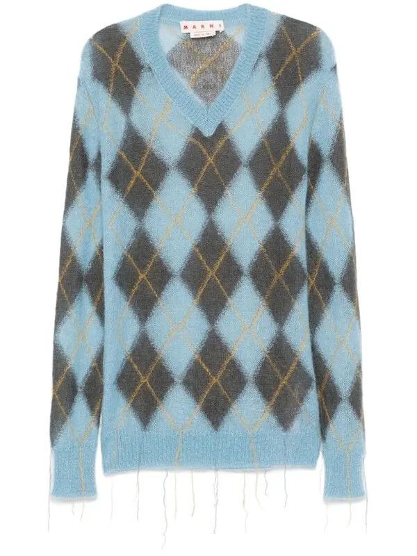 Marni o1w1db11125 Argyle-Intarsia Sweater in Blue Size US XL / EU 56 / 4 - 1 Thumbnail