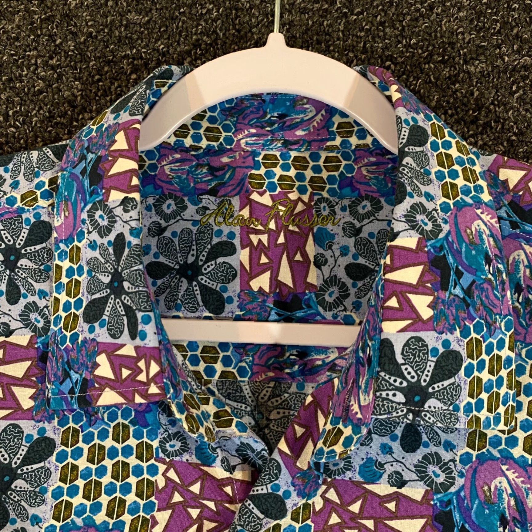 Vintage Alan Flusser Shirt Mens XL Button Down Floral Geometric Print Long Sleeve Dress Size 46R - 2 Thumbnail