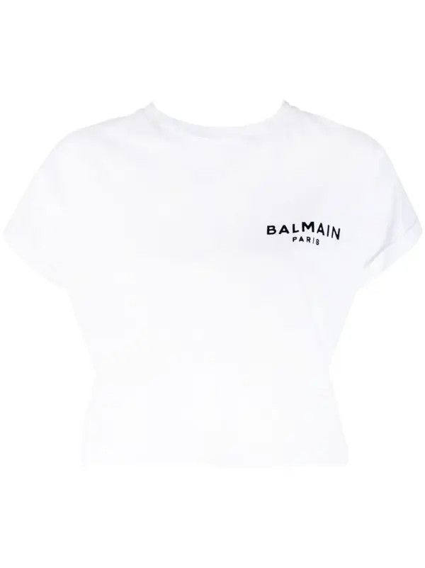 Balmain o1s1wg110725 Flocked Logo Cropped T-Shirt in White Size XL / US 12-14 / IT 48-50 - 1 Thumbnail