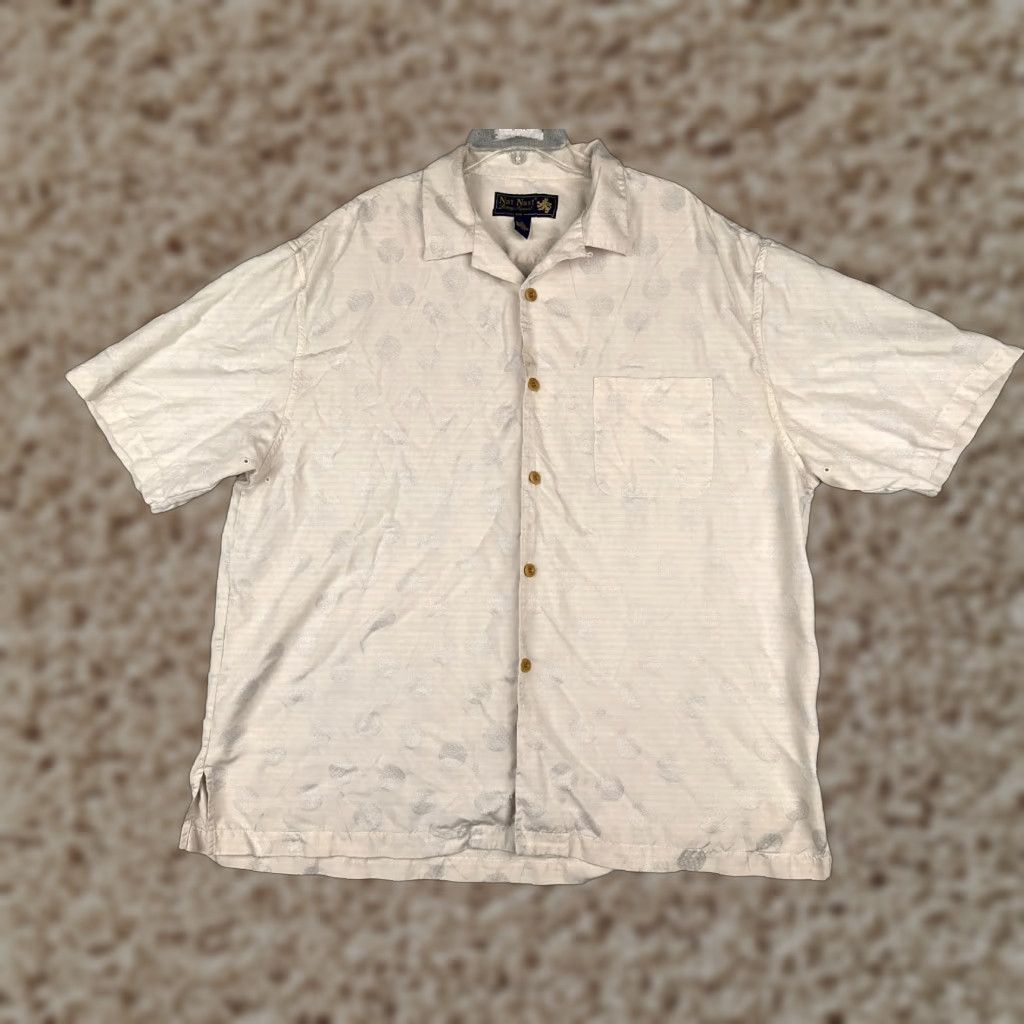 Nat Nast Shirt Men XL Ivory Silk Polka Dot Short Sleeve Button-Up 100% Silk Nat Nast Luxury Originals Hawaiian Casual Formal Mens