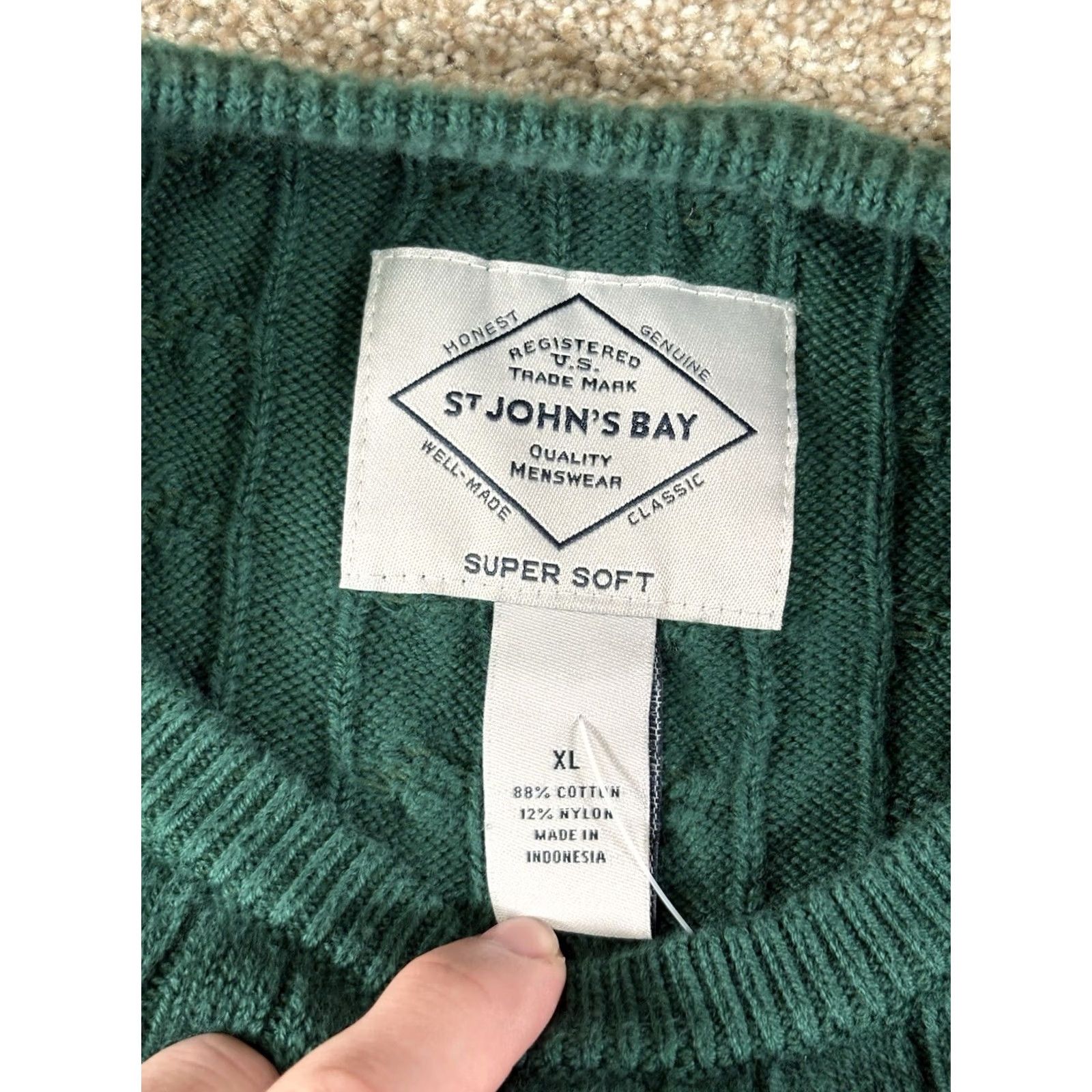 Vintage St. John's Bay Sweater Mens XL Green Cable-Knit Crewneck Pullover Knit Cotton Nylon Regular Sleeve Long Vintage No Size US XL / EU 56 / 4 - 4 Thumbnail
