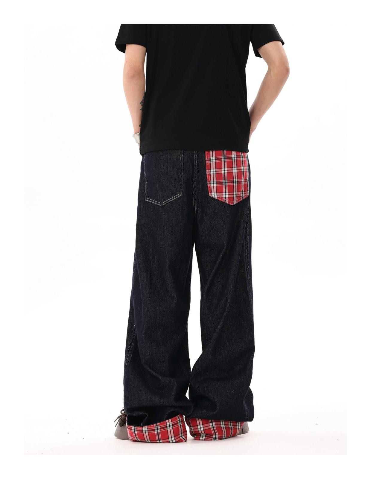 Japanese Brand Baggy Plaid Patchwork Wide Leg Denim Jeans Size US 32 / EU 48 - 5 Thumbnail