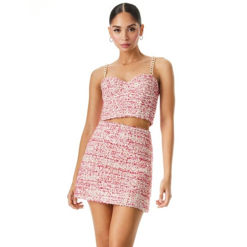 Alice + Olivia Alice +Olivia Cristi Pink Tweed Chain Bustier Crop Top 14 Size XL / US 12-14 / IT 48-50 - 2 Thumbnail