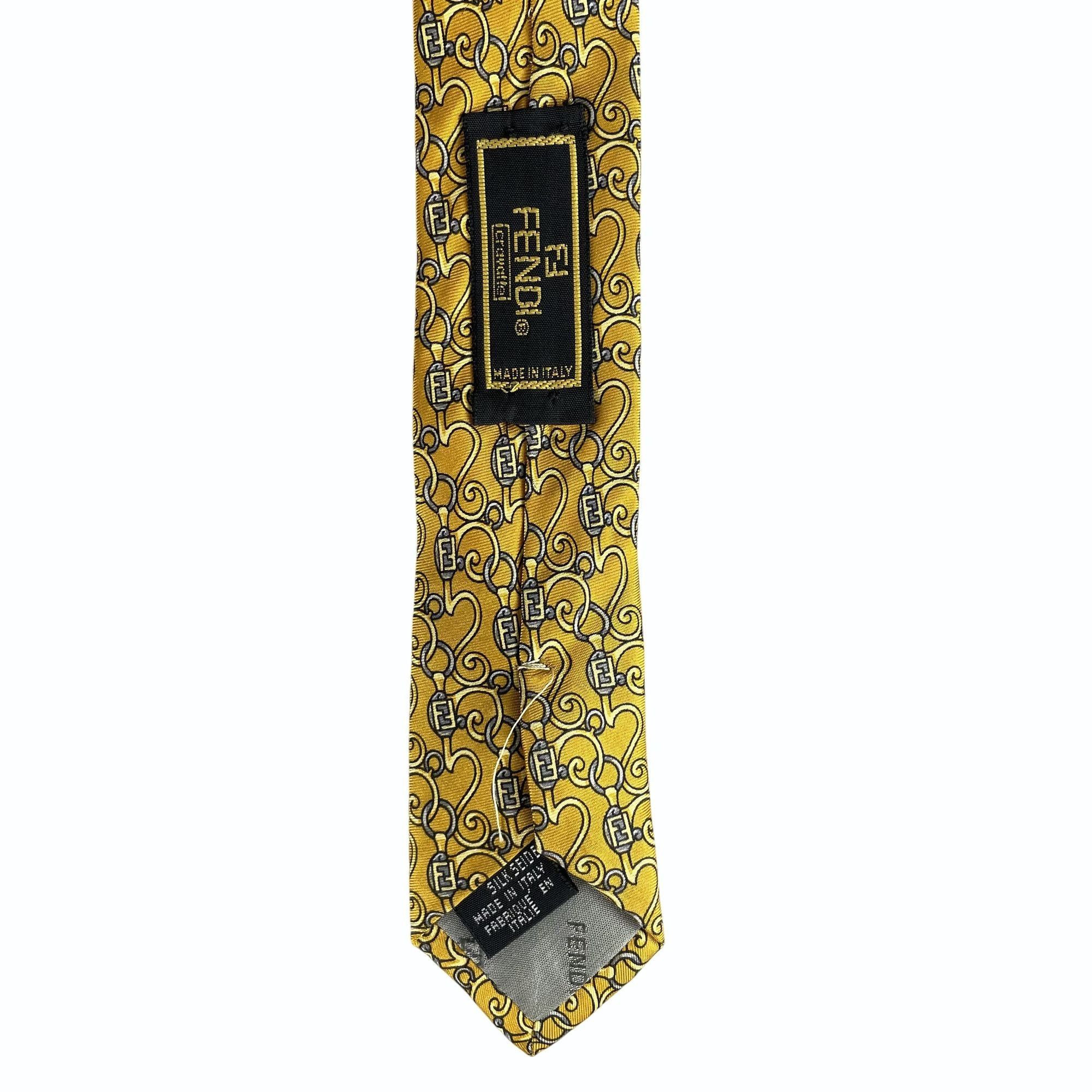 Fendi Fendi Monogram Scroll Pattern Gold & Gray Silk Tie Size ONE SIZE - 5 Thumbnail