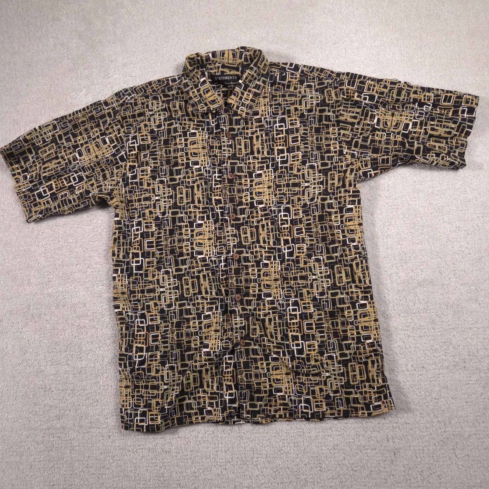 Vintage Statements Shirt Mens Medium Black Geometric Linen Button Front Short Sleeve Size US M / EU 48-50 / 2 - 2 Thumbnail