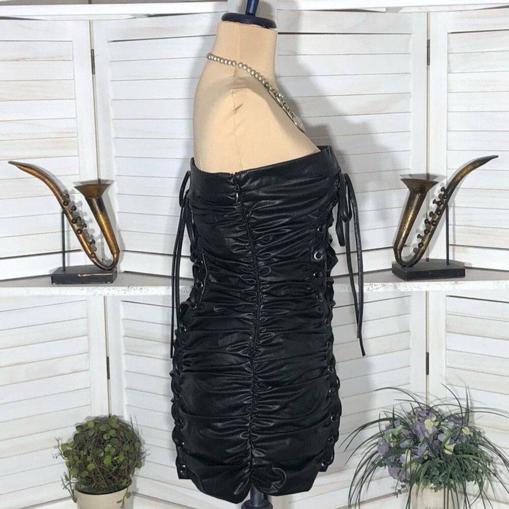 Forever 21 Lace-Up Tube Mini Dress Corset Strapless Leather Black sz S Size S / US 4 / IT 40 - 12 Thumbnail