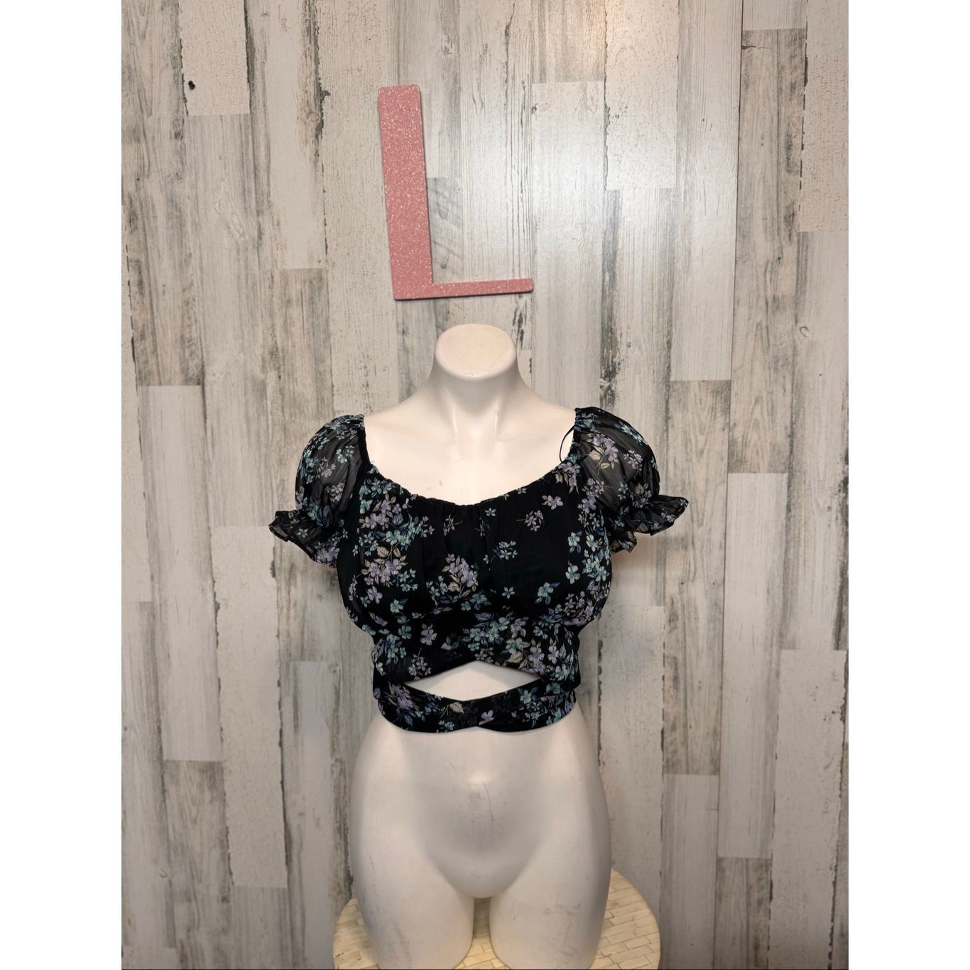 Other Love Tree Floral Puff Sleeve Wrap Crop Top Black Multi Size Size L / US 10 / IT 46 - 1 Thumbnail