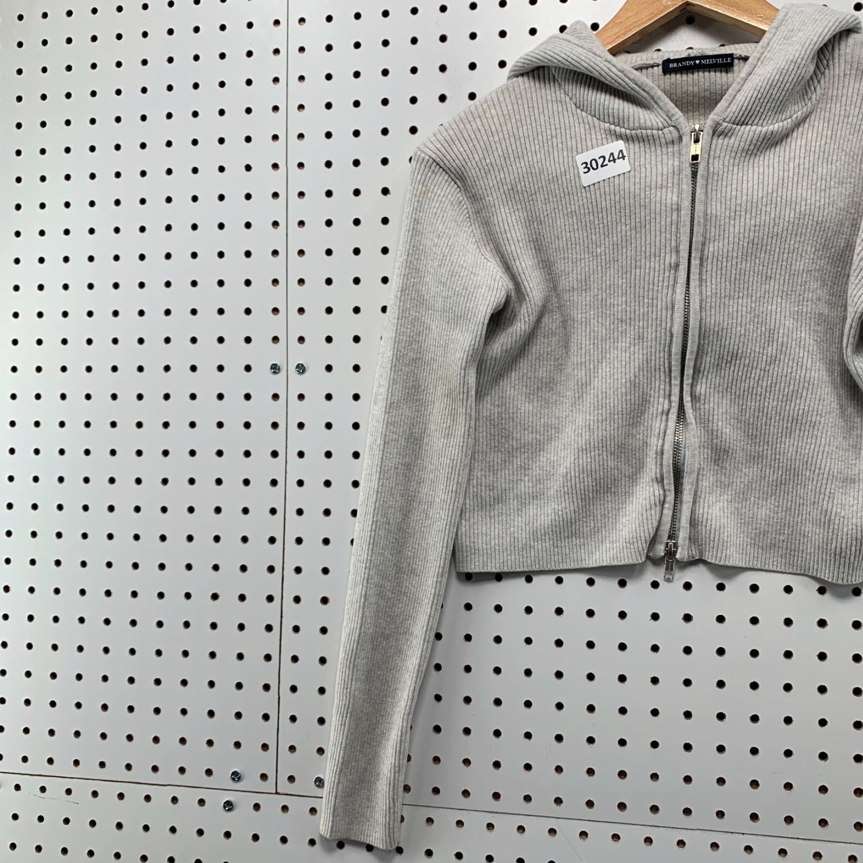 Brandy Melville Brandy Melville Hoodie Womens One Size Gray Rib Knit Crop Zip Hooded Size ONE SIZE - 3 Thumbnail