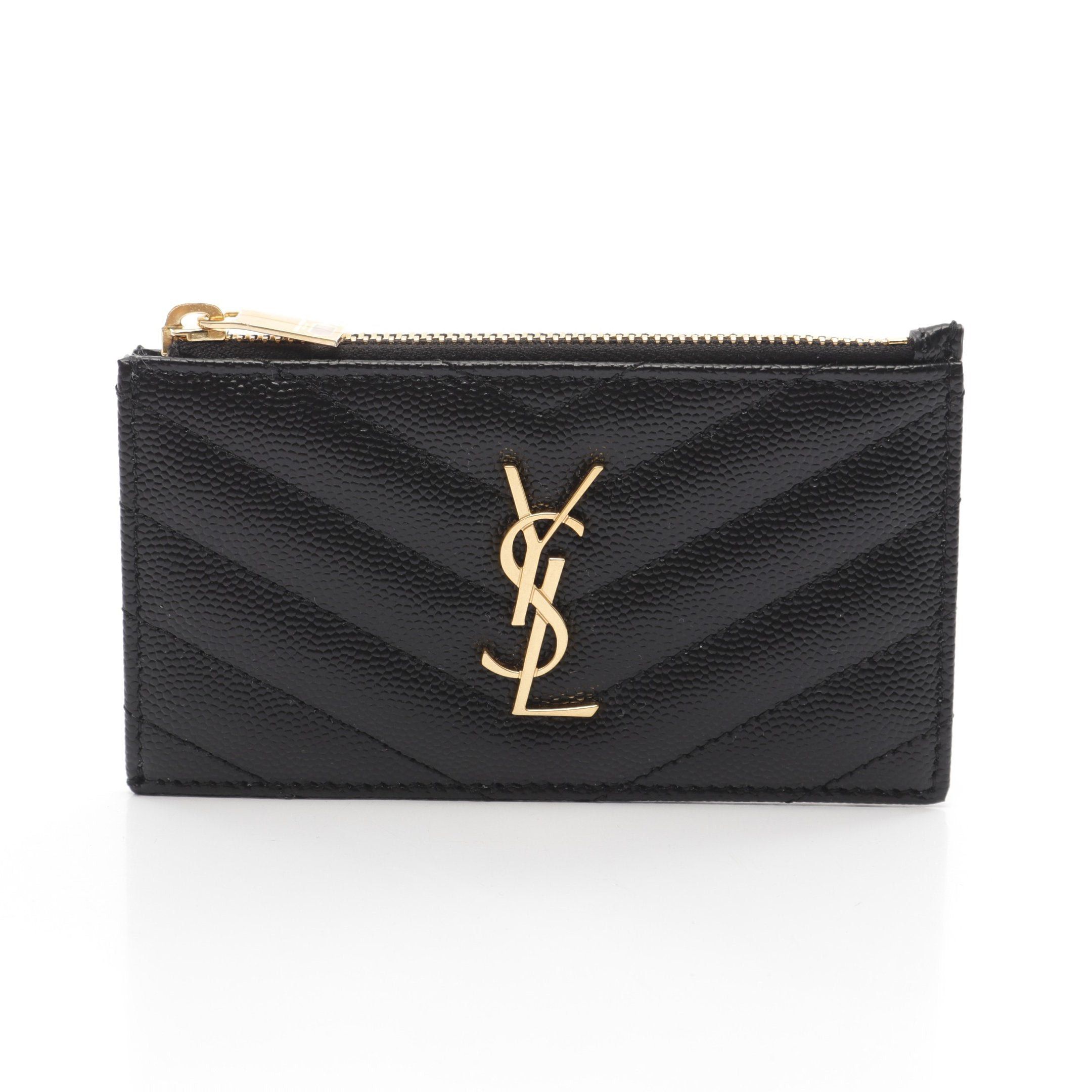 Yves Saint Laurent Monogram Fragment Zip Card Case Coin Purse Leather Black