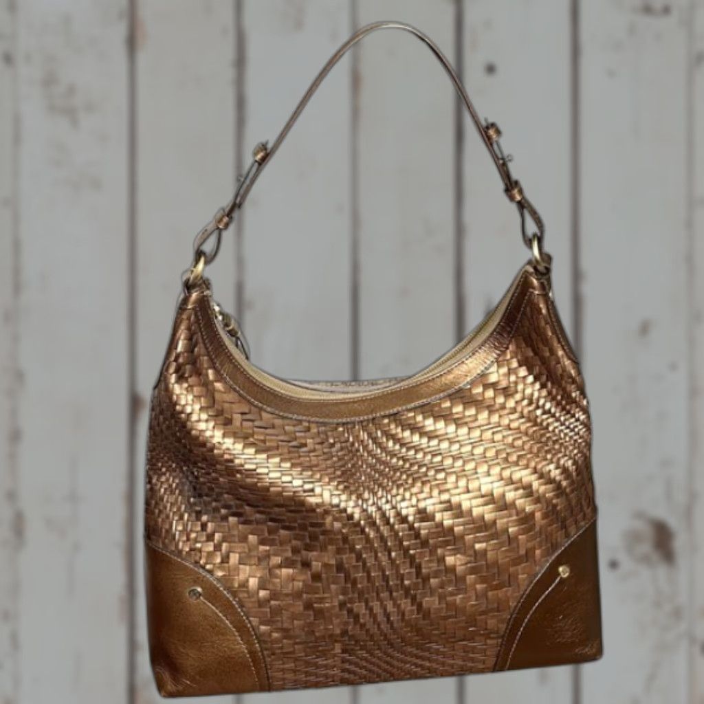 Cole Haan Woven Leather Hobo Shoulder Bag Brown Purse Zipper Pockets Leather Brown Women Zip Lining Pockets