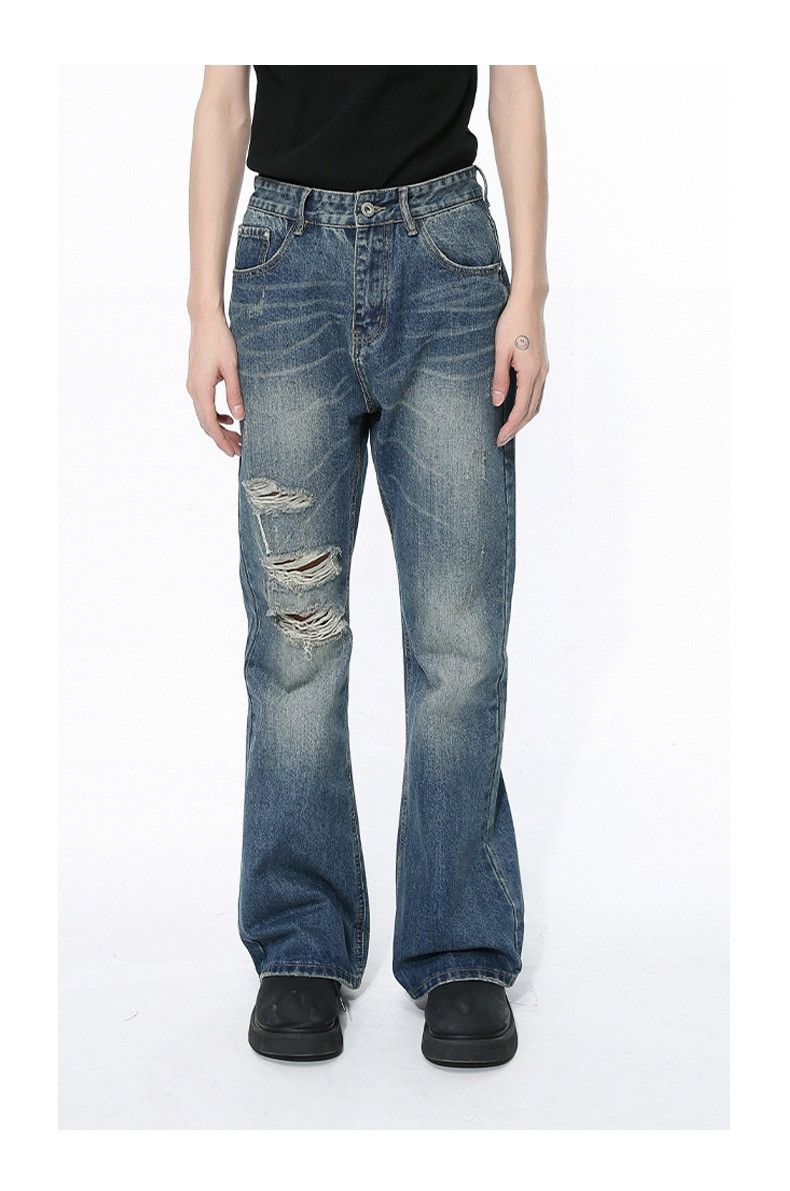 image of Distressed Blue Flared Denim Jeans, Men's (Size 30)