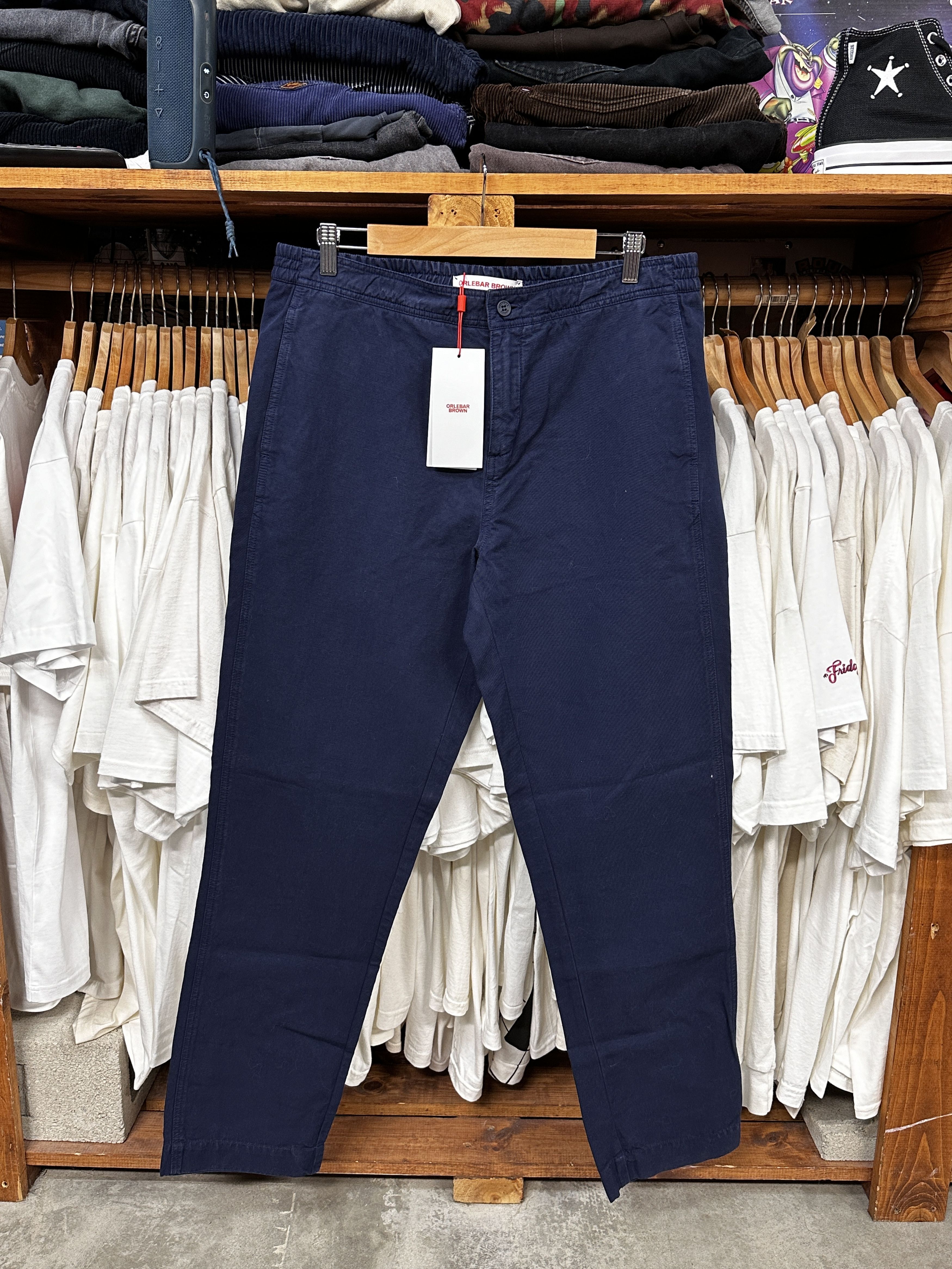 image of Orlebar Brown Washed Linen Trousers in Navy, Men's (Size 34)