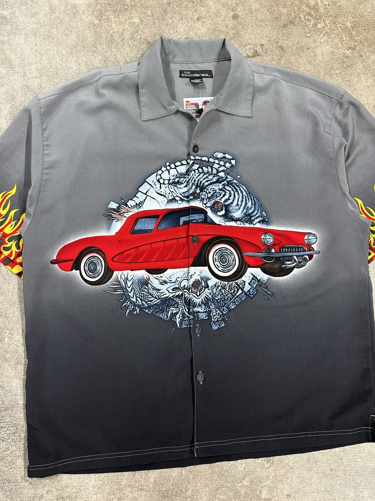 Vintage Crazy Y2K No Boundaries Flames Car Tiger Dragon Button Up Size US XL / EU 56 / 4 - 3 Thumbnail